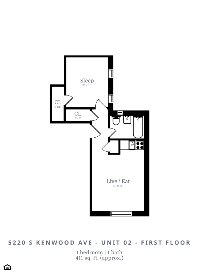 Floor plan for 1 bed, 1 bath, 411 sqft